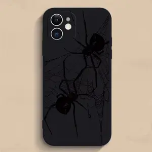 Two Black Spider Pattern Straight Edge Case for iPhone 16 15 14 Pro Max 13 12 11 XR XS Plus Shockproof Non Slip Military-Grade Protection Silicone Cove