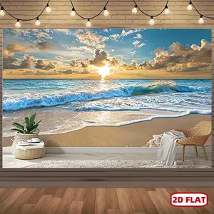 1pc 2D Flat Beach Sunset 2D Wall Tapestry - Tranquil Ocean View Polyester Backdrop for Summer Parties, Weddings, Birthdays & Thanksgiving Decor, No Power Needed, Multiple Available, Party Backdrop Serene Seascape