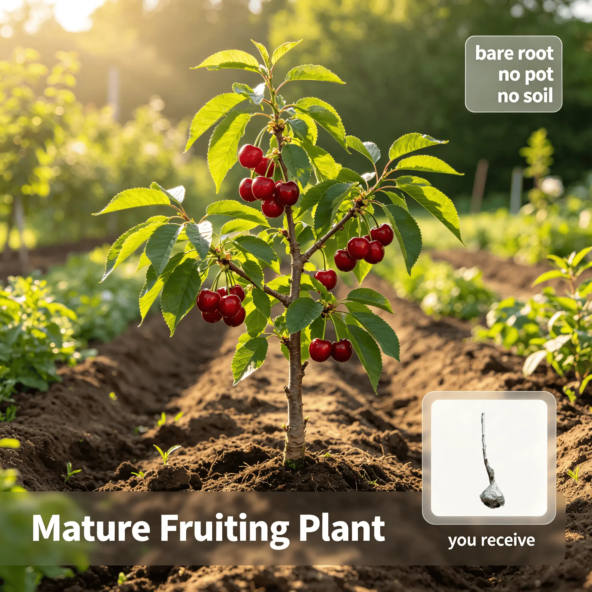 Bare-Root Sweet Cherry Tree Sapling (30-40cm) - No Pot, No Soil, Home Backyard Orchard Fruit Plant for Tasty Dark Red Cherries