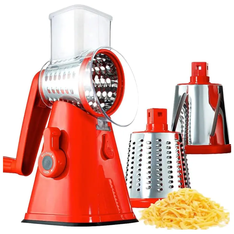 Rotary Cheese Grater with Handle, Cheese Grater Hand Crank, Fast Cutting Grater for Kitchen with 3 Interchangeable Blades, Vegetable Slicer, Cheese Shredder with Suction Cup Base, Dishwasher Safe