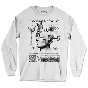 Awake Happy - Internal Reform            Long Sleeve Tee Cotton Unisex Womens Menswear Tshirt Top Relaxed Fit Man Streetwear Classic Tops Mindfulness Spiritual Motivational Self Help Mental Health
