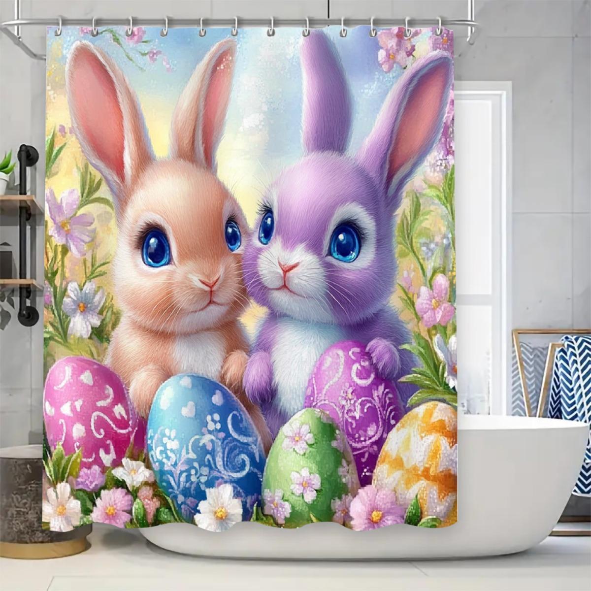 4pcs Set. Easter Bunny Themed Bathroom Set with Colorful Egg Design, 2D Flat Printing Shower Curtain and Non-Slip Bath Mats Toilet Lid Cover, Perfect for Spring Decor in Home Bathrooms Exquisite and Practical Home Decoration Gift., 2D Flat,family,u-shaped 4pcs Set. Easter Bunny Themed Bathroom Set with Colorful Egg Design, 2D Flat Printing Shower Curtain and Non-Slip Bath Mats Toilet Lid Cover, Perfect for Spring Decor in Home Bathrooms Exquisite and Practical Home Decoration Gift., 2D Flat,family,u-shaped