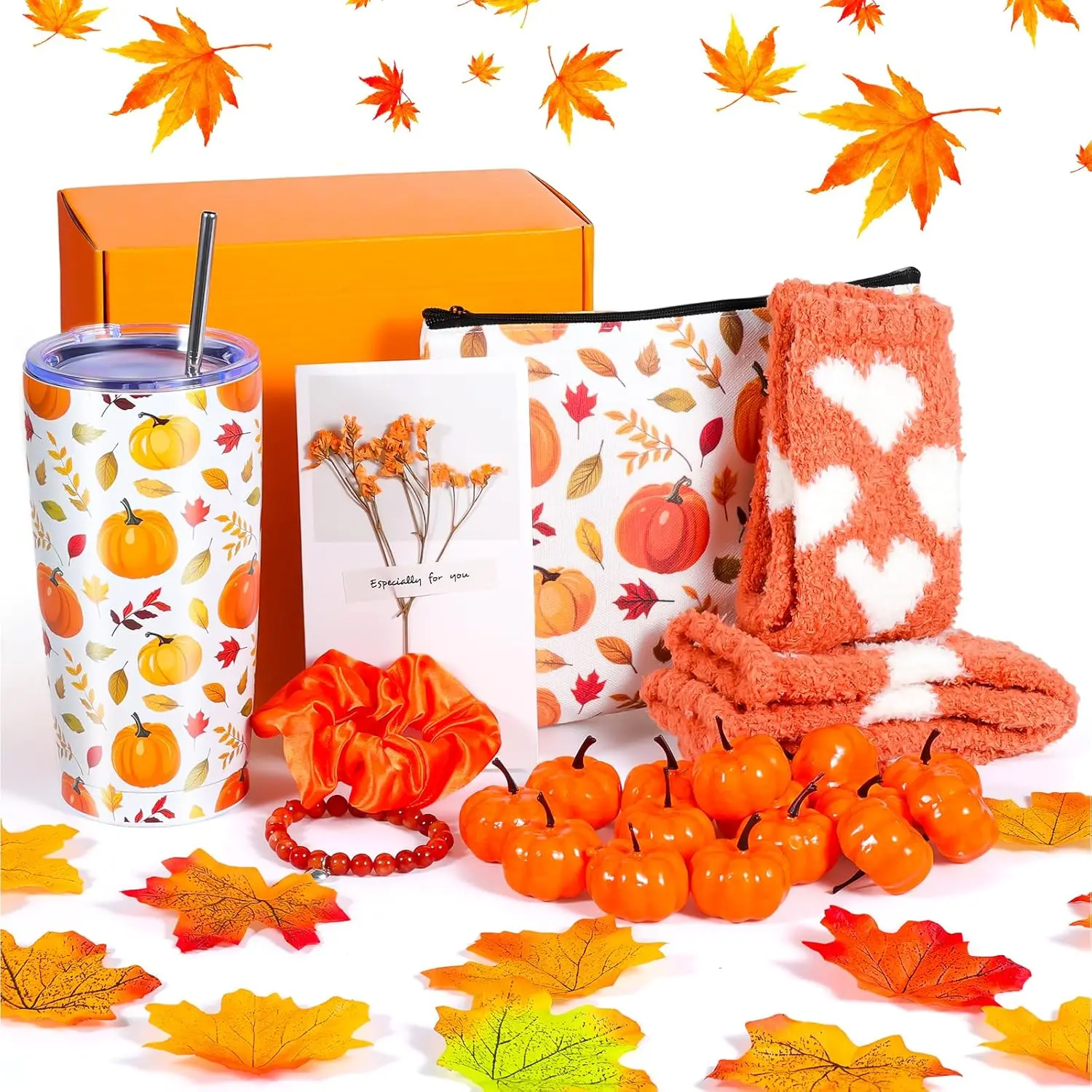 Fall Pumpkin Gift Basket for Women – Orange Autumn Birthday Gift Set with Stainless Steel Insulated Tumbler, Makeup Bag, Cozy Fuzzy Socks & Pumpkin Decoration