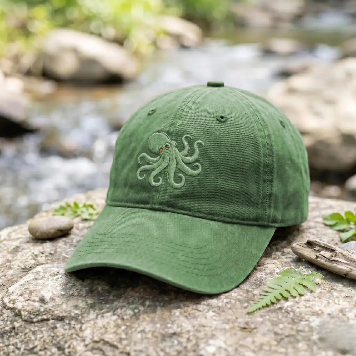 Embroidered Octopus Washed Cotton Baseball Hat - Ocean Animal Themed Fashion Accessory Gift for Casual Wear