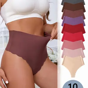 Women's Solid Scallop Trim High Waist Panty, Soft Comfy Breathable Seamless Knicker for Daily Wear, Underwear for All Seasons, High Waisted Seamless