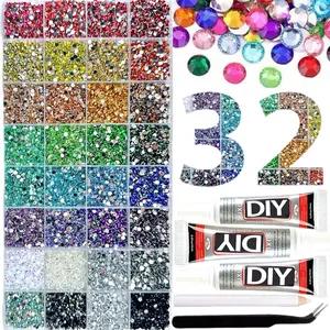 32-Color Nail Art Flat Back Rhinestones Set, Acrylic Water Drills DIY Jewelry Accessories, Includes Glue Tweezers Pen, Complete Tool Kit，Nail Art Rhinestones / Flatback Crystals / Multi-Color / Pickup Tool