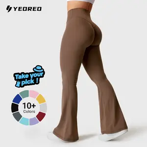 YEOREO Flare Scrunch Leggings for Women V Cross Waist Bootcut Yoga Pants Snatched Waist Booty Lifting Fitness Leggings Gym Sportswear Bottoms Gym Outfits summervibes