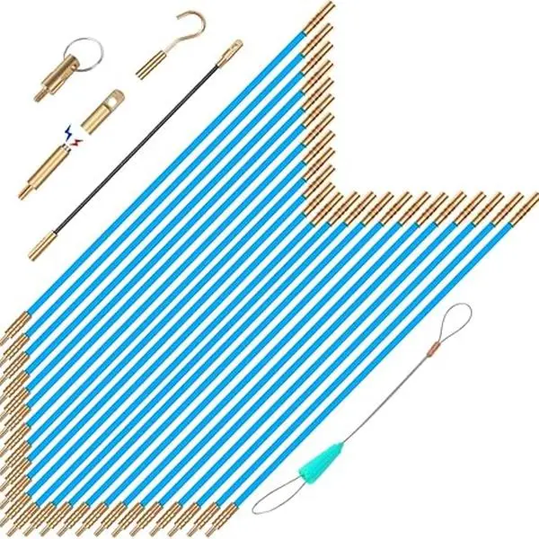 32.2FT Fiberglass Fish Rod Kit with 6 Attachments, Wire Puller & Fish Tape – Blue