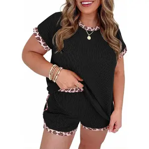 TANKANEO Women's Plus-Size 2-Piece Matching Animal Print Ribbed Knit Loungewear Set - Short-Sleeve Top, High-Waisted Shorts, Summer Casual Clothes
