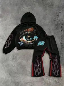 Men's Dark Eye Flame Print Fleece Set, Hooded Sweatshirt + Regular Pants, Winter Skin-Friendly Warm, Casual Style, Geometric Pattern