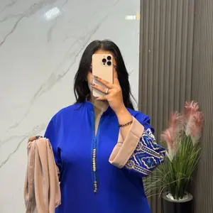 Jalaba Blue Zipper Front Blouse with Beaded Accents and Matching Clutch for Stylish Outfits