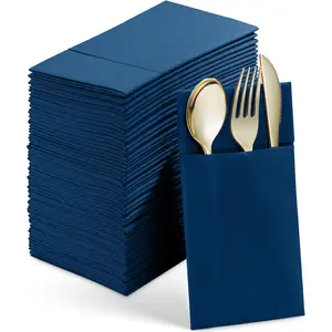 50-Pack Disposable Linen-Feel Dinner Napkins With -in Flatware Pocket, BLUE Prefolded Cloth Like Paper Napkins For Wedding, Dinner Or Party