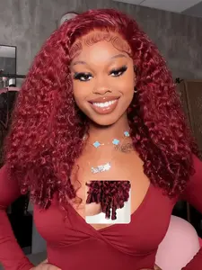 220% Density Half Wig Burmese Curly Dark Burgundy Flexible Fit 3 In 1 Half Wig With Drawstring Natural Hairline Seamless Beginner Friendly Wear And Go Glueless Human Hair Wig Pre-Plucked Hairline Bob Natural Color Unprocessed Virgin Hair