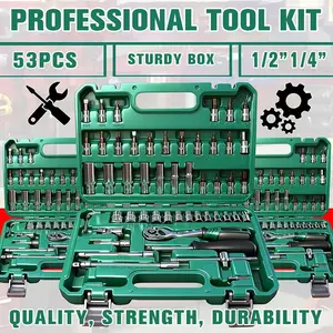 34pcs Impact Socket Set with 1/2" Driveor 53pcs Tool Set Or 47pcs Impact Socket Set with 3/8" Drive, SAE (5/16" to 3/4") And Metric (8 to 22mm) Sizes, 6-point Design, Including Ratchet Handle, Extension Rod And Connector, Cr-V