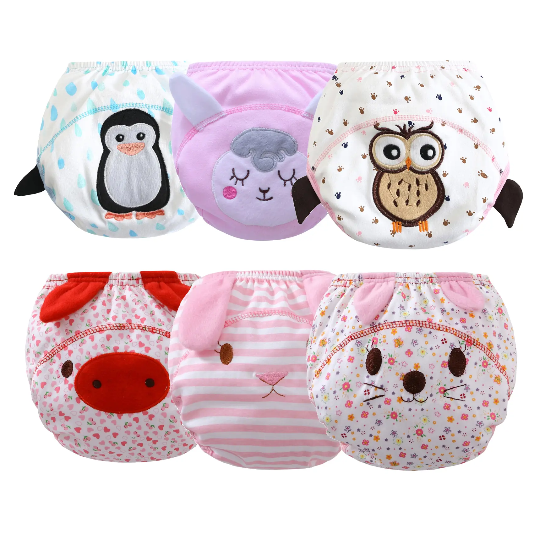 6-Pack Cute Cotton Reusable Baby Training Pants Embroidery Soft Potty Toddler Underpants for Baby Girls Waterproof Breathable Kids Boxer Briefs Underwear