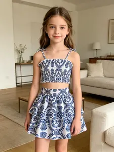 2026 Summer New European and American Fashion Print Halter Top and Ruffle Skirt Set for Girls, Elegant Slim-Fitting Dress