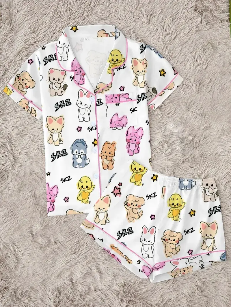 Vintage K-Pop Style Kawaii Animal Pajamas Set Shirt Print Womenswear Nightwear for All Seasons Casual Home Wear