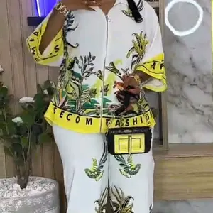 Women's Floral Print Yellow & White Zip-Up Top with Matching Pants and Yellow Crossbody Bag Womenswear