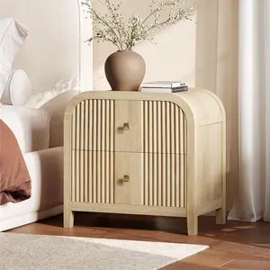 ModernMate 2-Drawer Nightstand, Modern Side Table with Curved Design, Fluted End Tables Bedside with Large Storage for Bedroom, Living Room, Natural Oak