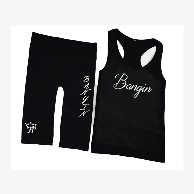 Bangin' Boy Short Set - Black Tank Top with "Bangin" Logo, Matching Capri Bottoms with Crown Design, Ideal for Comfortable Wear
