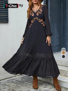 women's boho flroal embroidery ruffle hem v neck a line dress, all over print bishop sleeve midi dress for spring & fall, dresses for women, women's clothing for daily wear, moo moo dresses, women's clothing
