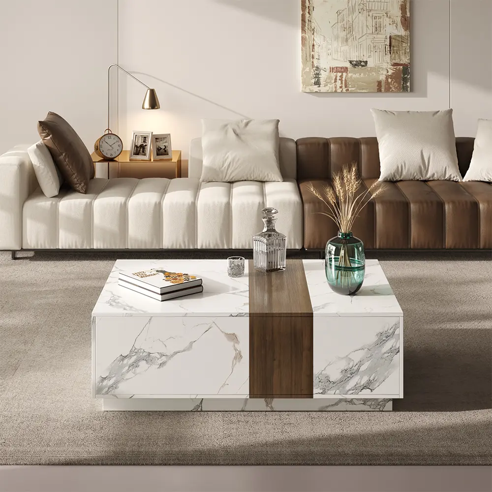 Homary Vewal 47" Marble & Walnut Veneer Block Coffee Table with 2 Drawers