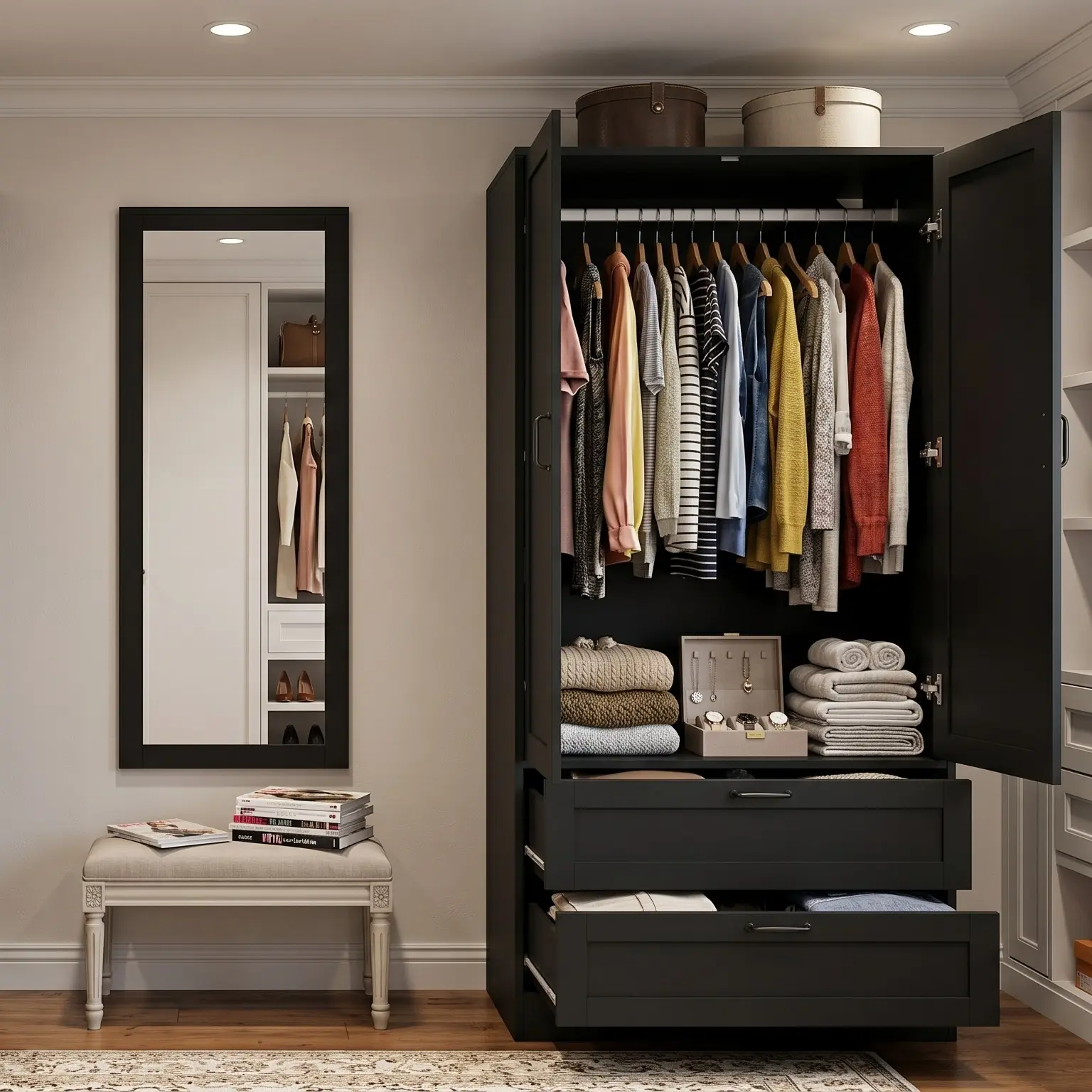 Sturdy Wooden Freestanding Wardrobe Closet Organizer - 2 Doors, 2-Drawer Adjustable Unit with Drawer Chest, Hanging Rod, Assembly Required for Bedroom Clothes & Room Storage, 2Drawer Storage