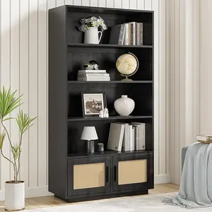 Boho Bookcase with Rattan Doors, 5 Tier Bookshelf, Wooden Bookcase and Bookshelf with Storage, Tall Book Stand, Large Bookshelf for Living Room, Bedroom, Home Office, Kitchen