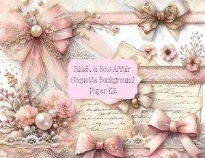 Blush & Bow Affair Coquette Background Paper Kit - Shabby Chic 50-Page Design with 24 Horizontal & 26 Vertical Pages for Crafting Journals & Mood Boards