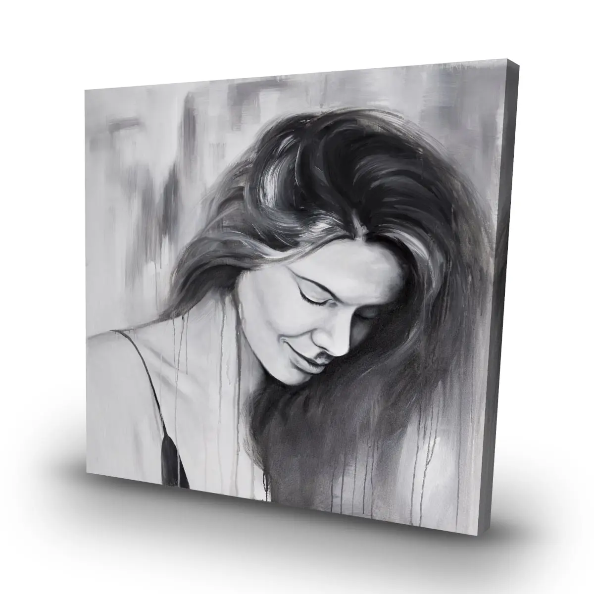 32"x32" Black Hyperrealism High Def Print Wall Art - 360 Stand Photo Print, Artistic Smiling Woman Figurative Poster, Bedroom Office Decoration, Brightening Black Design Elements Wall Arts with Emotional Detail, Gift, C1RC323219E85I, Home Decor