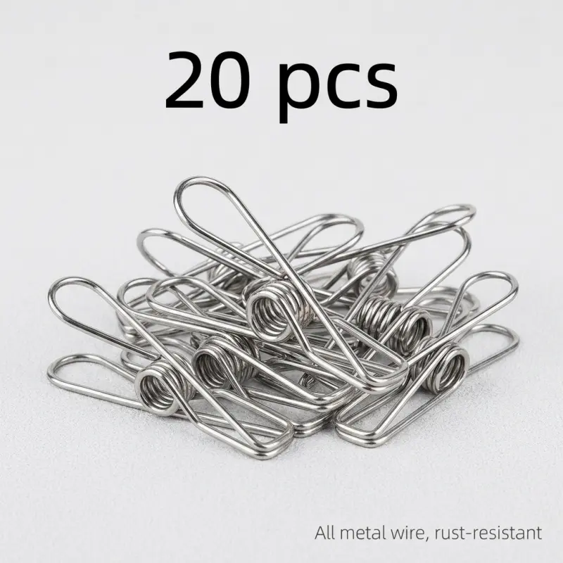 This 20-pack of multi-purpose stainless steel clips features durable and strong metal spring clips suitable for everyday household use and various scenarios.
