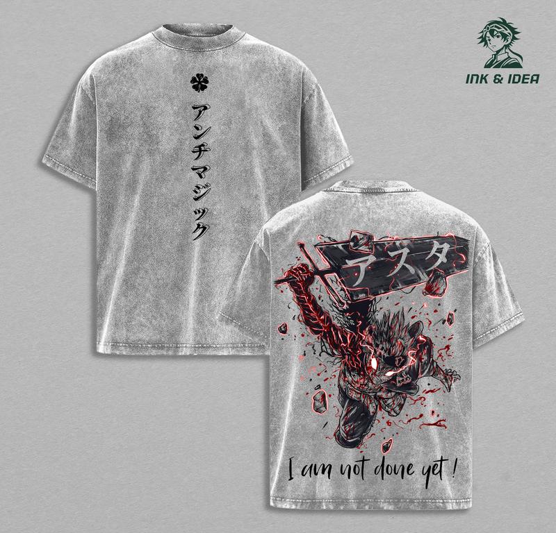 Asta Black Clover Black Bulls Anime Double Printed Vintage Washed Tee Unisex Oversize Anime Manga Washed Heavyweight Cotton T-shirt