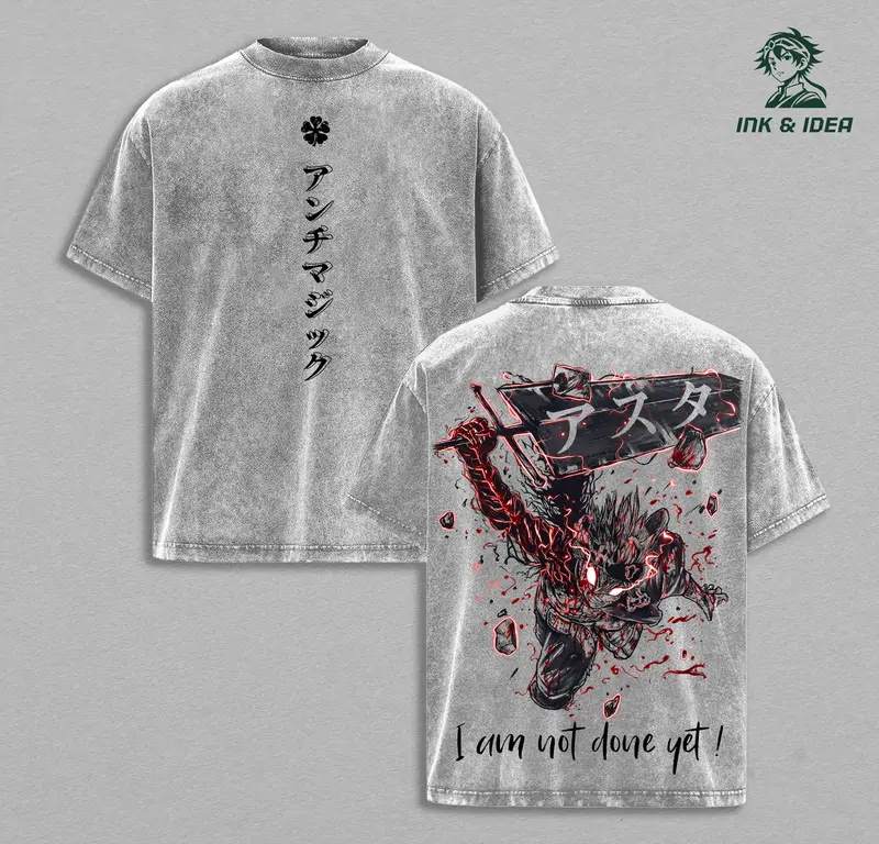 Asta Black Clover Black Bulls Anime Double Printed Vintage Washed Tee Unisex Oversize Anime Manga Washed Heavyweight Cotton T-shirt