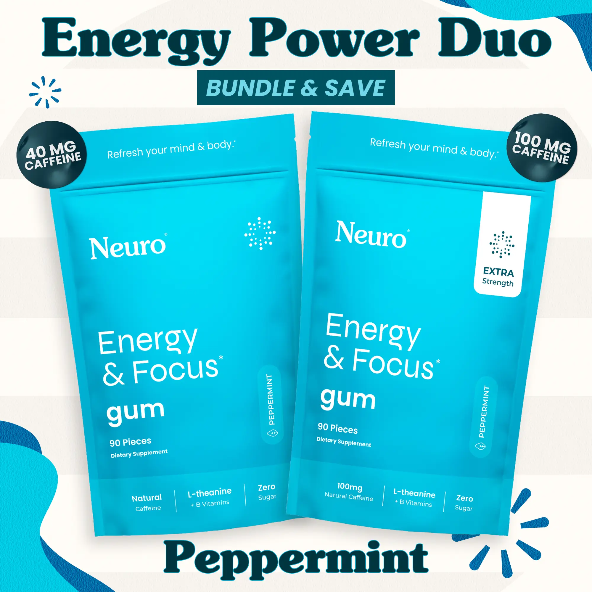 Energy Power Duo - Energy & Focus Caffeine Gum (40mg & 100mg) - Peppermint (2-Bulk Pouches)