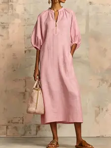 Women's Solid Color Linen-Style Loose Fit Bubble Sleeve Dress, Casual Half-Zip Seven-Foot Long Skirt, Comfortable and Stylish Summer