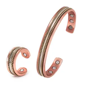 Copper Bracelet and Ring set for Women, Elegant Braided Magnetic Therapy Jewelry, Health Gift Set with Free Matching Ring