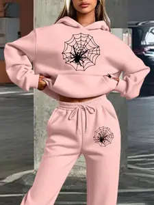Women's Spider Web Print Hoodie Set, Casual Everyday Long Sleeve Sweatpants, Fitted Drawstring Jogger, Fall & Winter Comfort Wear Tracksuit, Womenswear