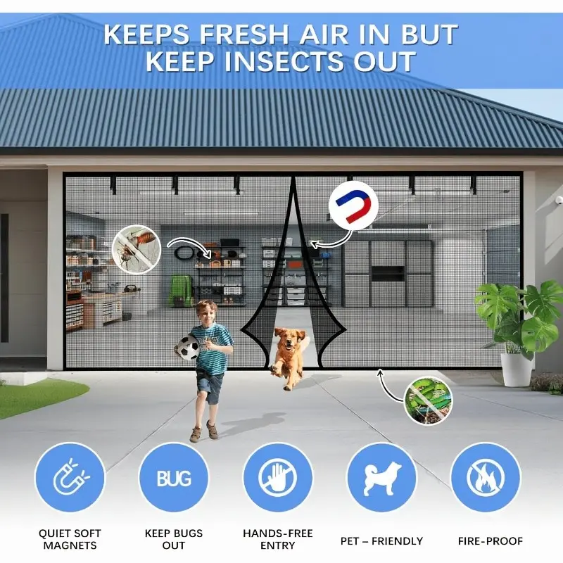 Magnetic Garage Door Trim, Halloween And Christmas Garage Door Cover, Easy to Install, No Electricity Required, Polyester Garage Door Screen, Insect-Proof And Waterproof Garage Door Cover, Suitable for 2-Car Garages, Durable Mesh Design