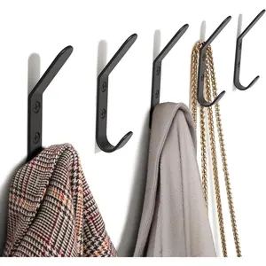 Stylish Coat Hooks For Wall Mount Set of 5 - Decorative and Sturdy Black Metal Double Hooks Are Perfect To Hang Your Jackets, Towels Or Hats - A Modern Addition To Any Minimal Home Decor & Farmhouse