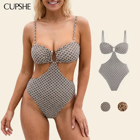 CUPSHE Textured Boho Crochet One Piece Swimsuit, Deep V Neck with U Ring Detail, Fashionable Tankini Outfit 2026 Trendy Vacation Pool Party Bathing Suit