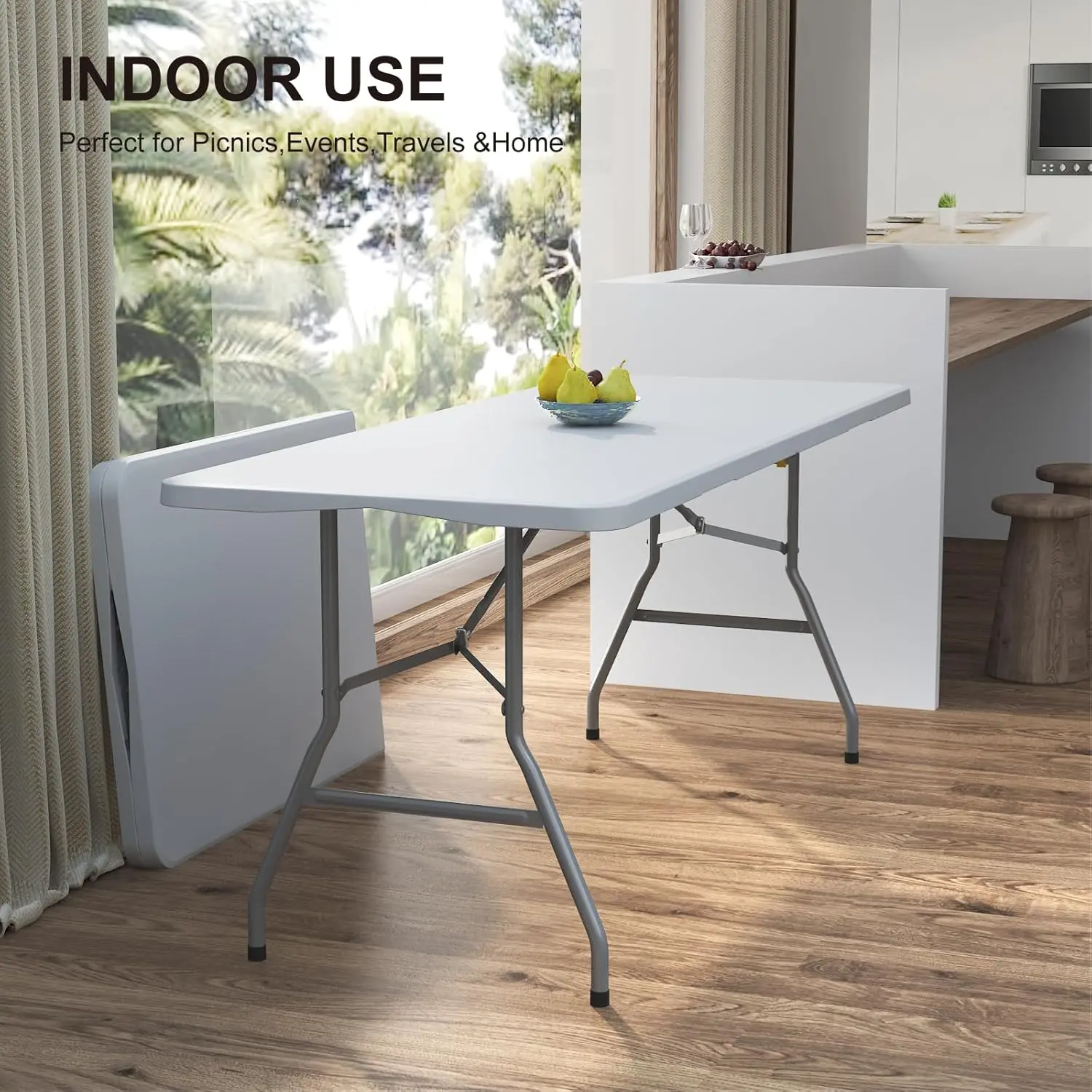 Commercial 6ft Folding Type Wedding Party Table - White, Curved Alloy Steel Legs, Built-In Carrying Handle, Heavy-Duty Portable Home Supply for Indoor-Outdoor Parties, Dining Events