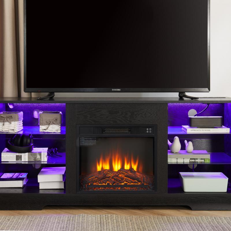 TV Stand Electric Fireplace  Glass Shelves, 3D Fireplace TV Stand with LED Lights Wood with USB Charging Outlet Modern Television Table Center for TV up to 62", 58''W*15.5''D*24.4