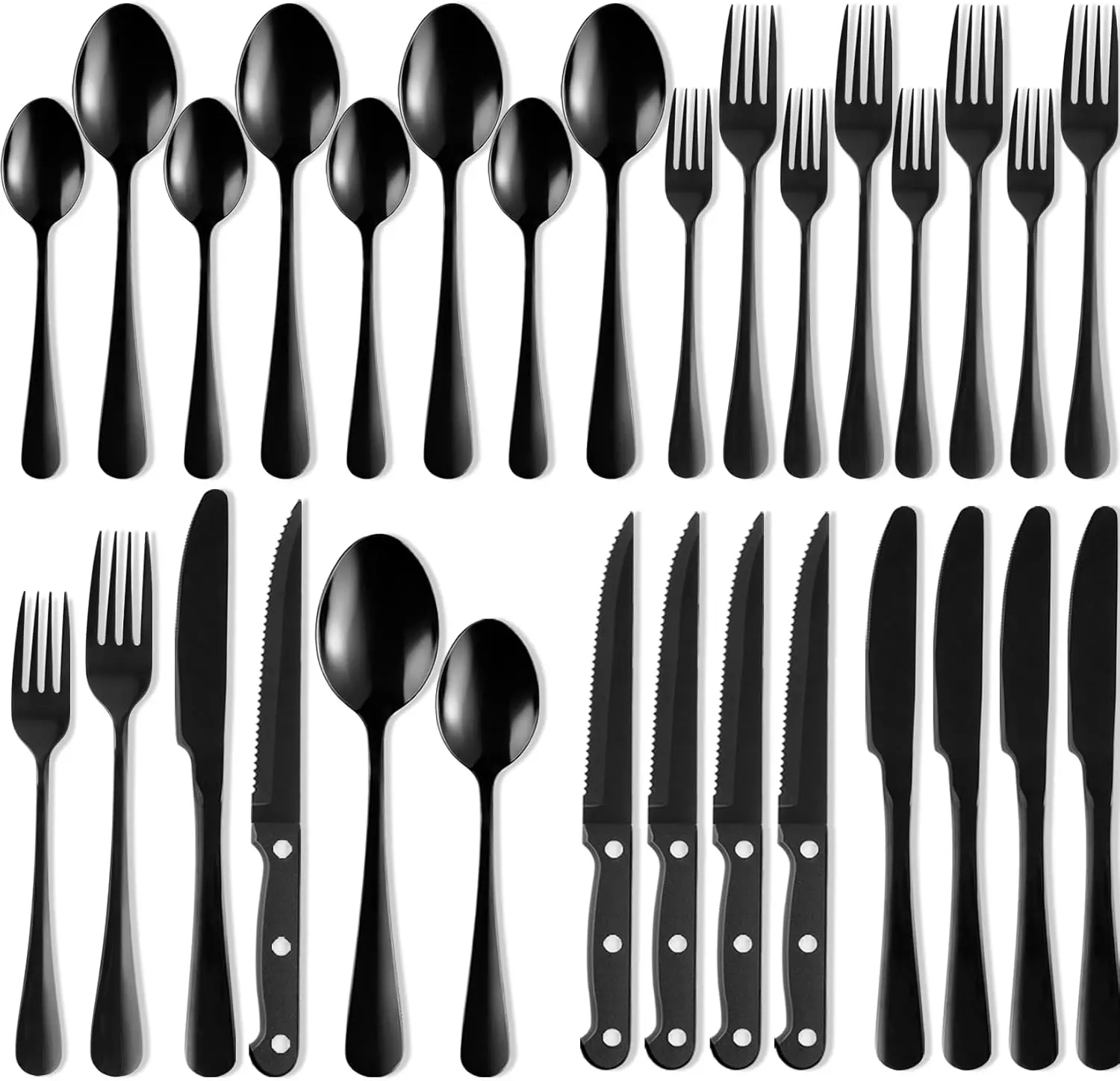 Modern 24-Piece Black Stainless Steel Silverware Set for 4, Mirror Polished Flatware with Steak Knives, Dinner Forks, Spoons, Teaspoons, Dishwasher Safe Cutlery for Home Dining & Kitchen, Oval Shape