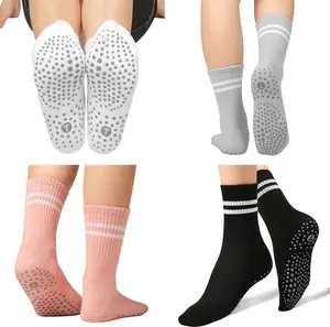 Women's Non Slip Pilates Socks - 4 Pairs of Athletic Yoga Crew Socks with Grippers for Barre