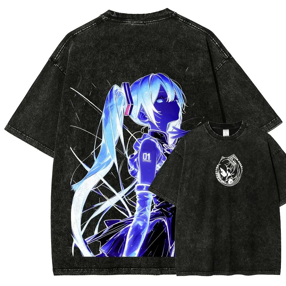 Men's Hatsune Miku Short-Sleeve Classic Streetwear Top - Distressed Vintage Washed Unisex Round Neck T-Shirt, Casual Sportswear, Cargo-Inspired Festive Father's Day Gift with Shade Element, Tops, Tshirt, Tee, Layer, Fabric, Soft, Figure, Cotton, Shortslee