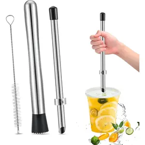 Lemon Smasher, Straw Puncher & Cleaning Brush Set, Stainless Steel Lemonade Muddler, Cocktail Muddler for Homemade Drinks, Lemonade Stands, Garage Sales, Easy Clean for Family & Home Bar Use