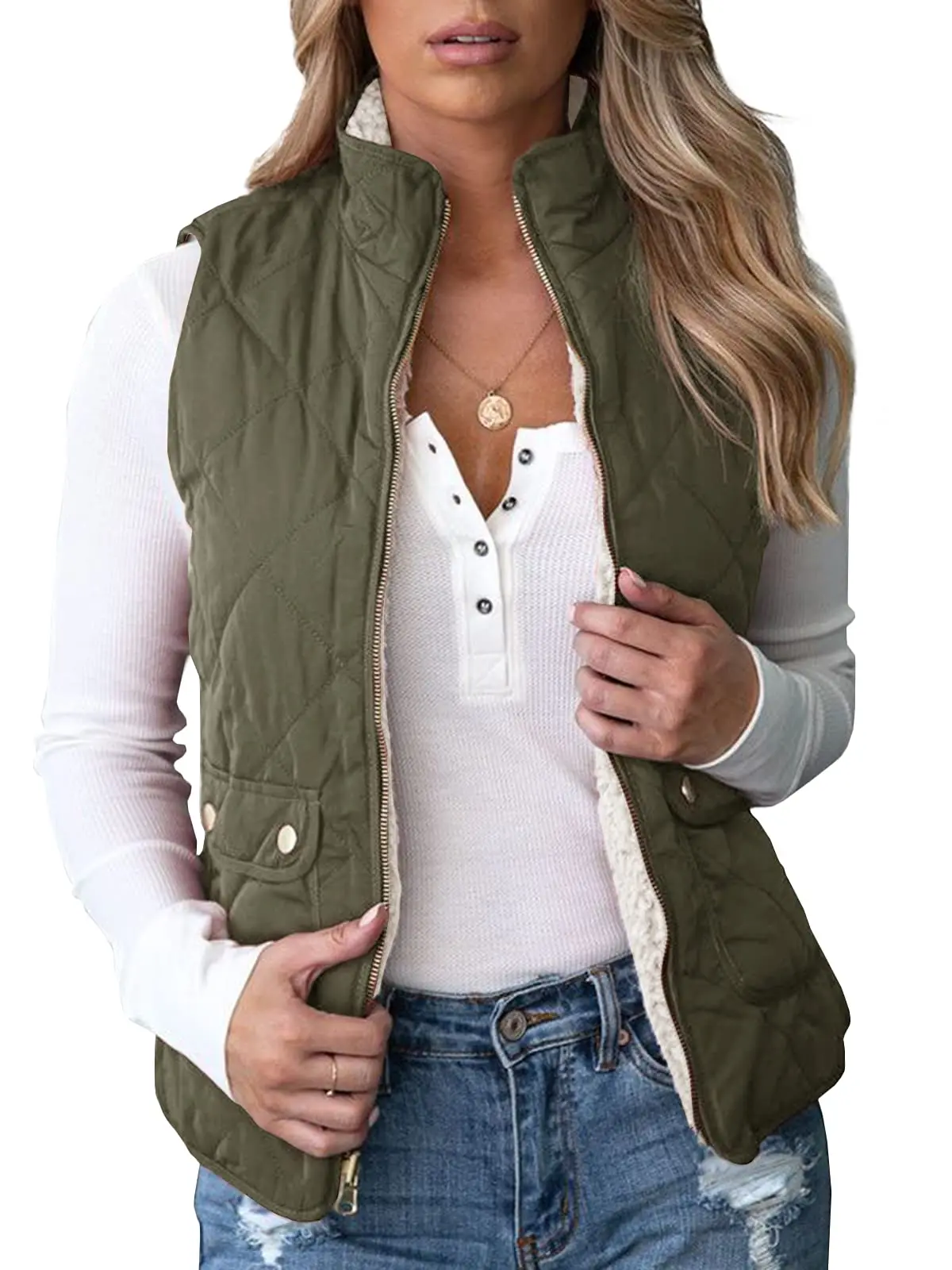 Goranbon Women's Winter Vest Casual Sherpa Fleece Vest Warm Gilet Outerwwear Stand Collar Quilted Jacket Vest with Pockets