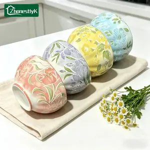 4 Pcs Four Seasons Flowers Ceramic Bowl Cartoon Anti-scald Soup Bowl Home Kitchen Noodle Ramen Tableware Bowl