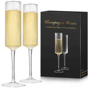 Ribbed Champagne Flutes Set of 2,8 oz Crystal Champagne Glasses,Vintage Unique Ridged Design,Clear Mimosa Glasses,Cocktail Glasses or Wedding Toasting Glasses,Outer Stripe