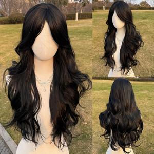 SMILCO 26'' Black Body Wave With Curtain Bangs Synthetic Wig SM7543  Glueless Natural-Looking Scalp Full MachineCap Adjustable Straps Breathable Cap Vibrant Color